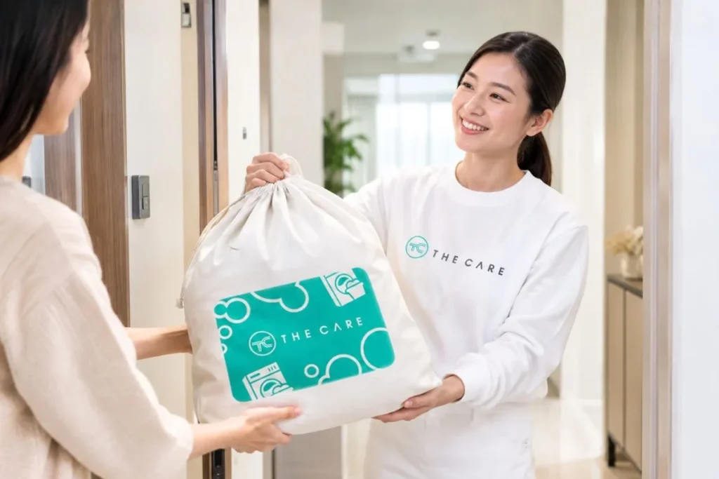 Hands handing over a laundry bag at a front door for doorstep pickup